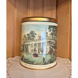 Vintage Currier & Ives Tin Canister Home of Washington Biscuit Tin Decorative
